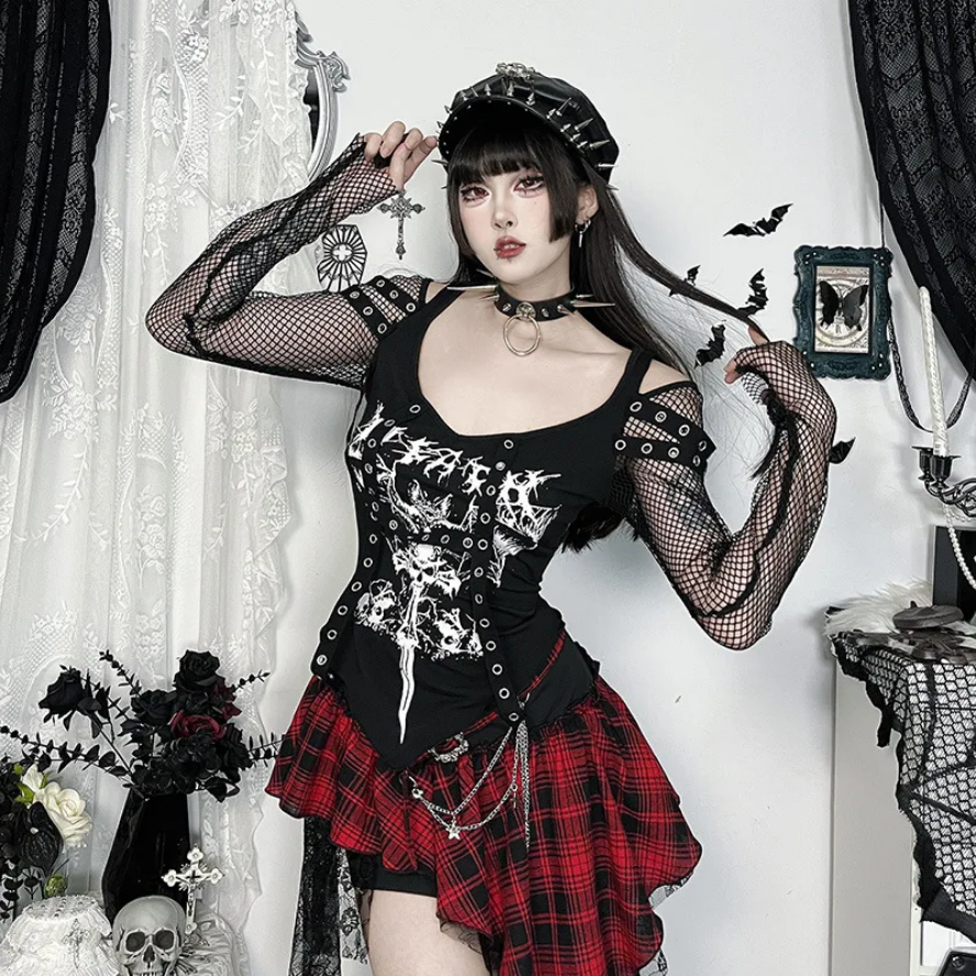 Gothic Fishnet Stitch Long Sleeve T-Shirt  Alt Techwear Punk Grunge Top for Women