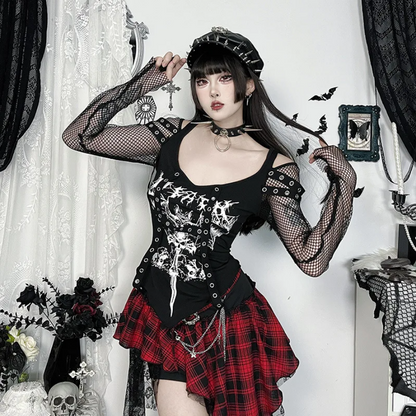 Gothic Fishnet Stitch Long Sleeve T-Shirt  Alt Techwear Punk Grunge Top for Women