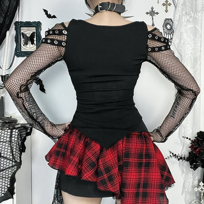 Gothic Fishnet Stitch Long Sleeve T-Shirt  Alt Techwear Punk Grunge Top for Women