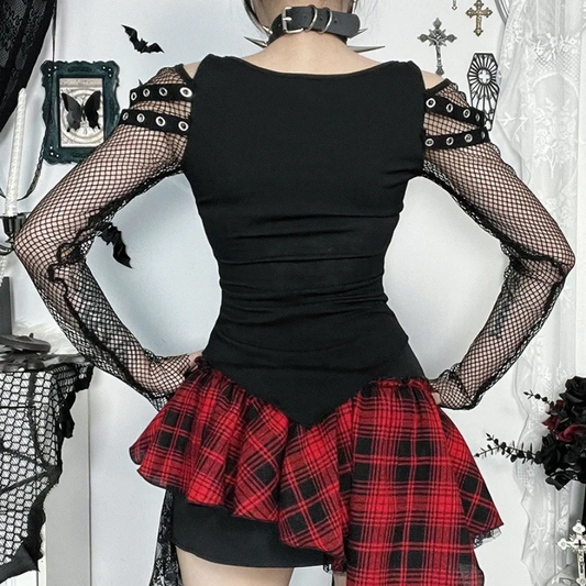 Gothic Fishnet Stitch Long Sleeve T-Shirt  Alt Techwear Punk Grunge Top for Women