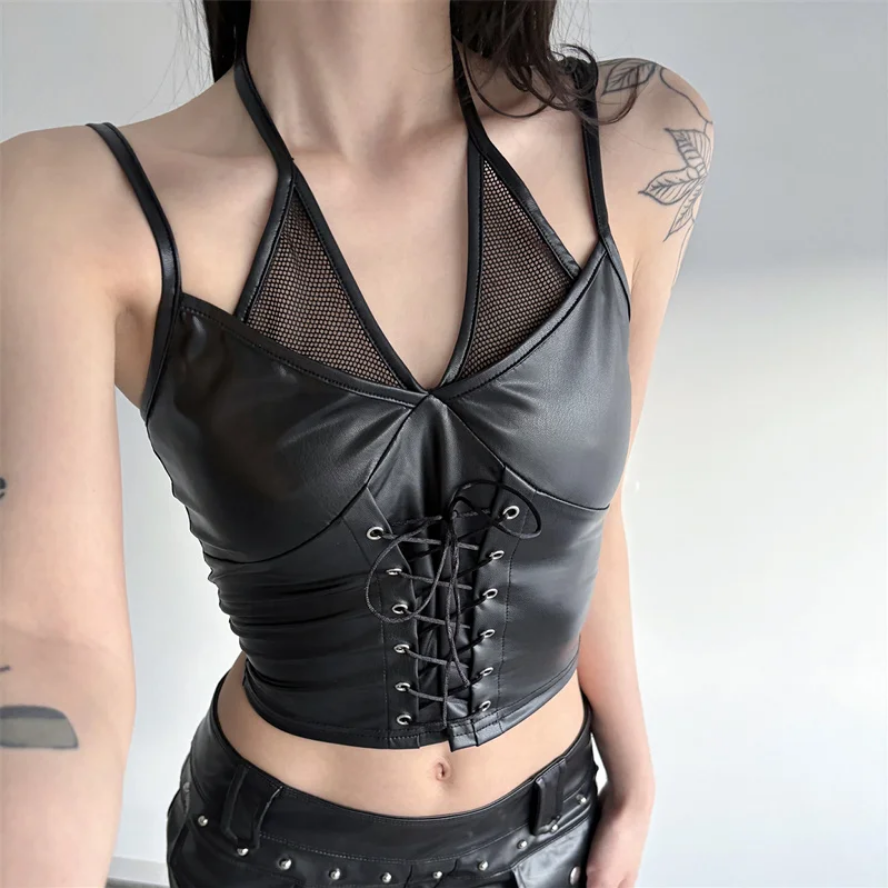 Goth Bandage Camisole - Y2K Grunge Leather Patchwork Mesh Strap Tank Top