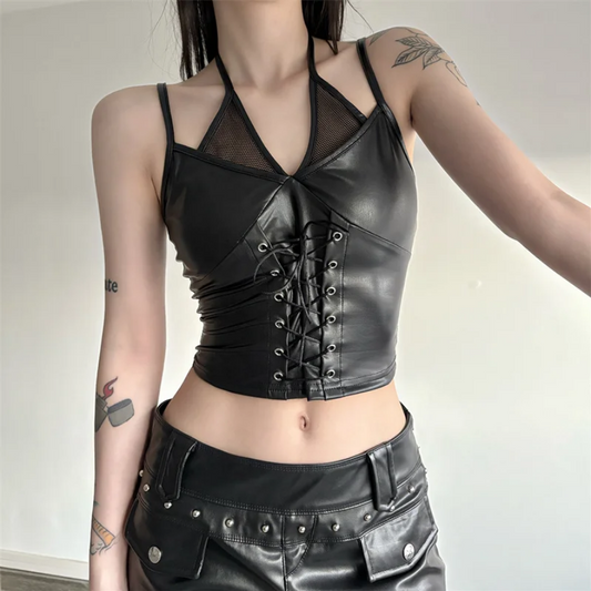 Goth Bandage Camisole - Y2K Grunge Leather Patchwork Mesh Strap Tank Top