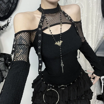 Punk Grunge Fishnet Patchwork T-Shirt - Off Shoulder Corn Strap Halter Top