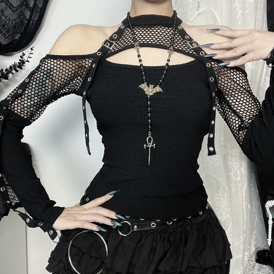 Punk Grunge Fishnet Patchwork T-Shirt - Off Shoulder Corn Strap Halter Top