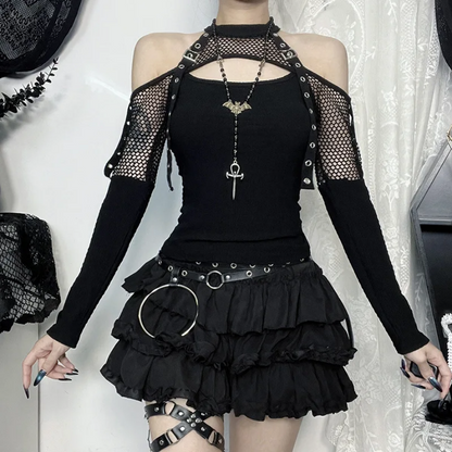 Punk Grunge Fishnet Patchwork T-Shirt - Off Shoulder Corn Strap Halter Top