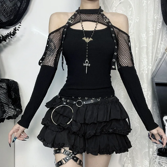 Punk Grunge Fishnet Patchwork T-Shirt - Off Shoulder Corn Strap Halter Top