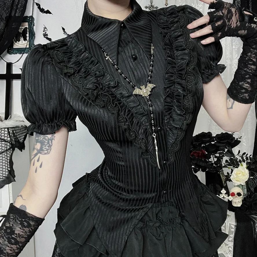 Gothic Kawaii Black Short Sleeve Button Shirt  Lace-Up Blouse for Women