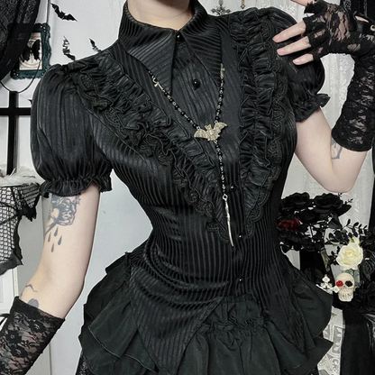 Gothic Kawaii Black Short Sleeve Button Shirt  Lace-Up Blouse for Women