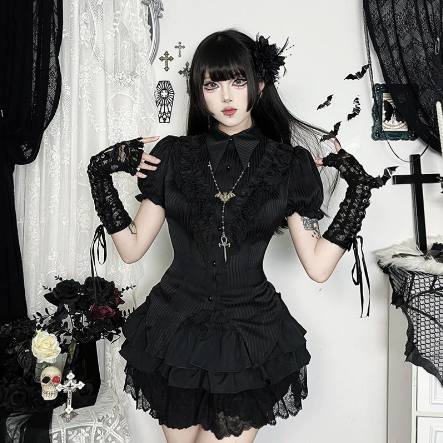 Gothic Kawaii Black Short Sleeve Button Shirt  Lace-Up Blouse for Women