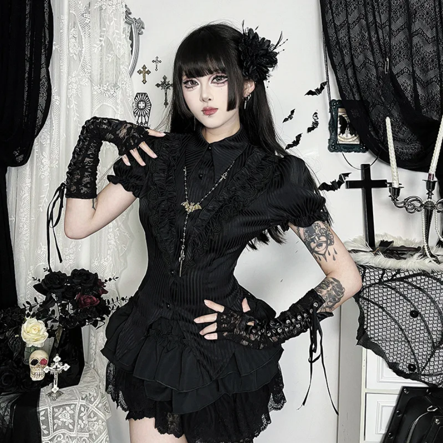 Gothic Kawaii Black Short Sleeve Button Shirt  Lace-Up Blouse for Women