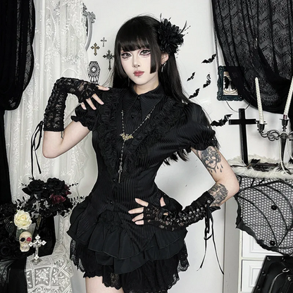 Gothic Kawaii Black Short Sleeve Button Shirt  Lace-Up Blouse for Women