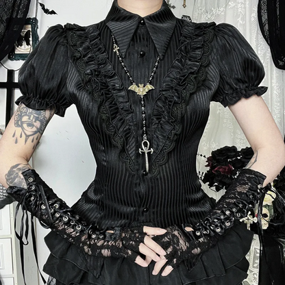 Gothic Kawaii Black Short Sleeve Button Shirt  Lace-Up Blouse for Women