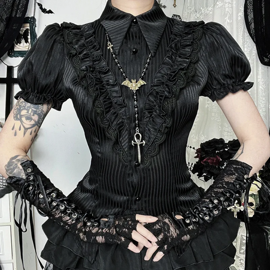 Gothic Kawaii Black Short Sleeve Button Shirt  Lace-Up Blouse for Women