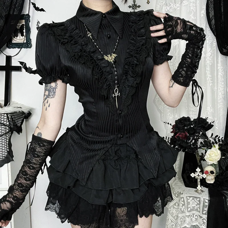Gothic Kawaii Black Short Sleeve Button Shirt  Lace-Up Blouse for Women