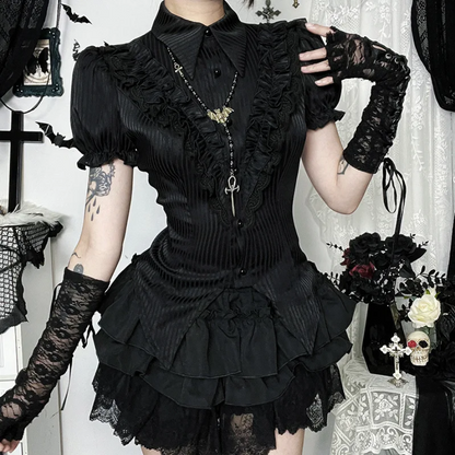 Gothic Kawaii Black Short Sleeve Button Shirt  Lace-Up Blouse for Women