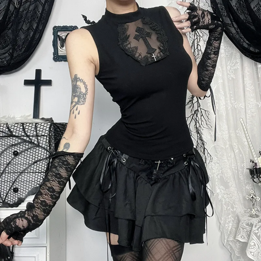 Goth Dark Summer Tank Top - Solid Basic Techwear Top for Women