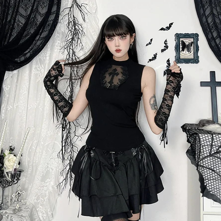 Goth Dark Summer Tank Top - Solid Basic Techwear Top for Women