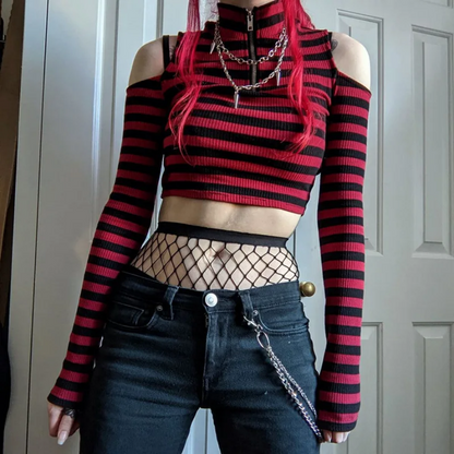 Grunge Striped Mall Gothic T-Shirt  Punk E-Girl Aesthetic Bodycon Top