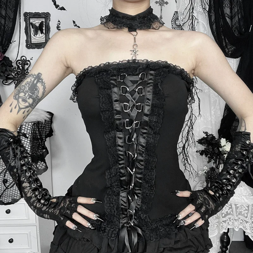 Sweet Lace Patchwork Strapless Corset Top  Romantic Feminine Bustier for Women