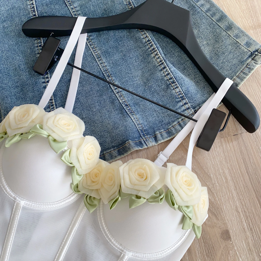 3D Floral Strapless Y2K Corset Top Trendy Flower Detail Bustier for Women