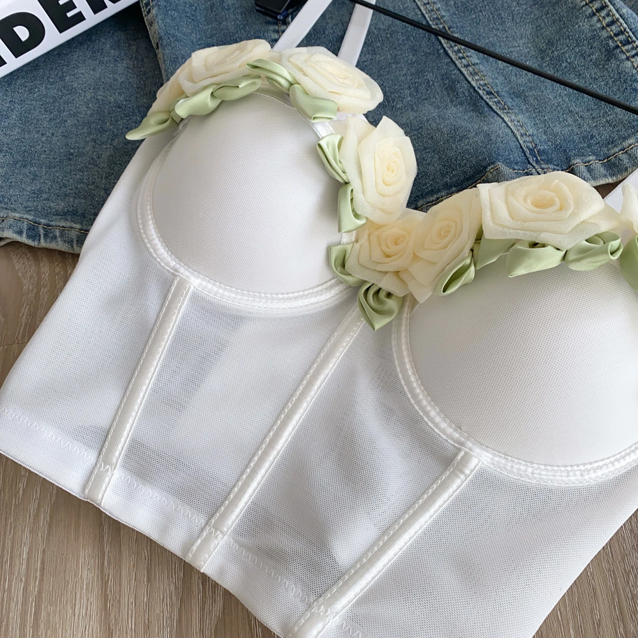 3D Floral Strapless Y2K Corset Top Trendy Flower Detail Bustier for Women