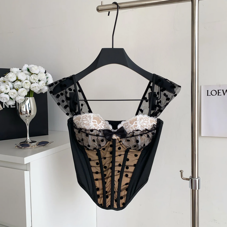 Polka Dot Bustier Cami Sleeveless Mesh Patchwork Lace Sheath Top for Women