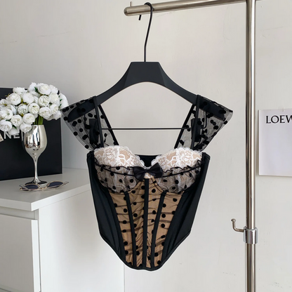 Polka Dot Bustier Cami Sleeveless Mesh Patchwork Lace Sheath Top for Women