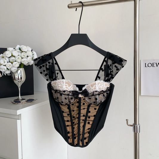 Polka Dot Bustier Cami Sleeveless Mesh Patchwork Lace Sheath Top for Women