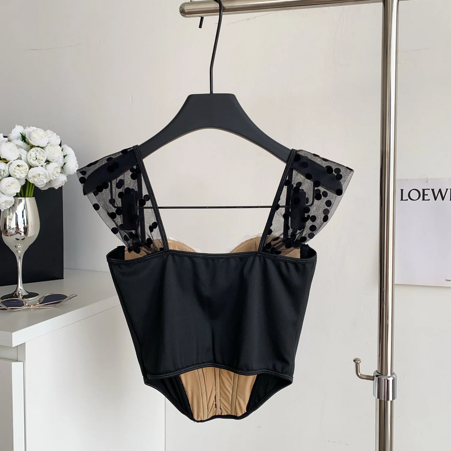 Polka Dot Bustier Cami Sleeveless Mesh Patchwork Lace Sheath Top for Women