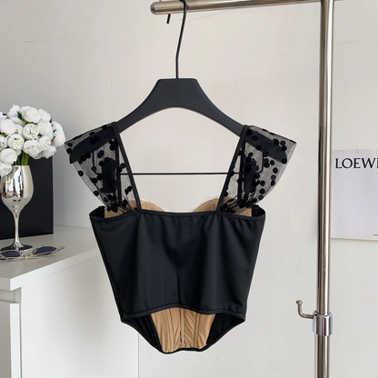 Polka Dot Bustier Cami Sleeveless Mesh Patchwork Lace Sheath Top for Women