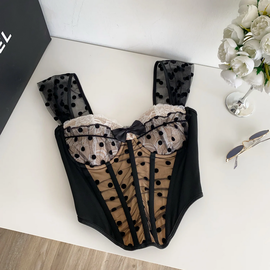 Polka Dot Bustier Cami Sleeveless Mesh Patchwork Lace Sheath Top for Women