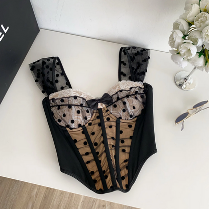 Polka Dot Bustier Cami Sleeveless Mesh Patchwork Lace Sheath Top for Women