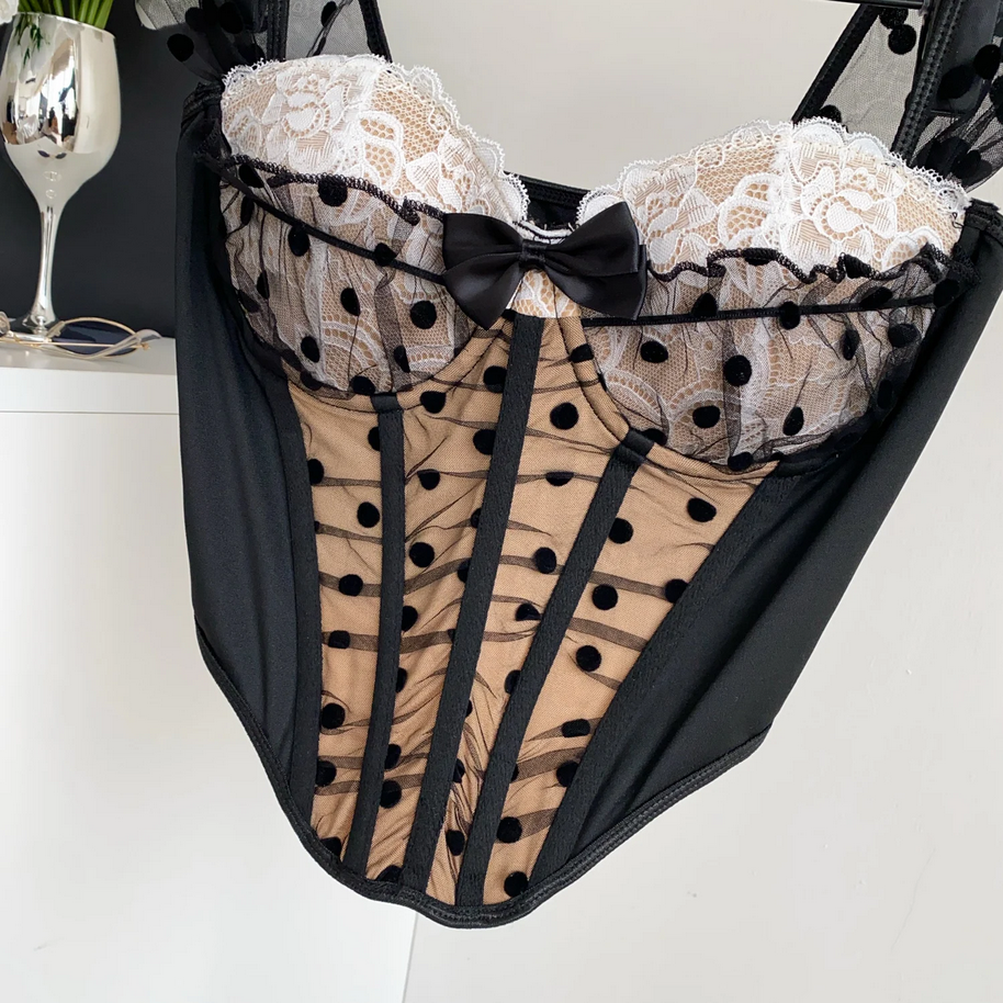 Polka Dot Bustier Cami Sleeveless Mesh Patchwork Lace Sheath Top for Women