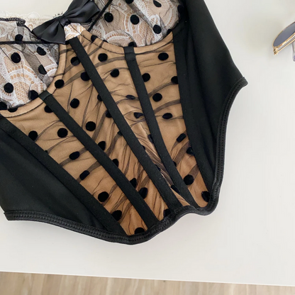 Polka Dot Bustier Cami Sleeveless Mesh Patchwork Lace Sheath Top for Women