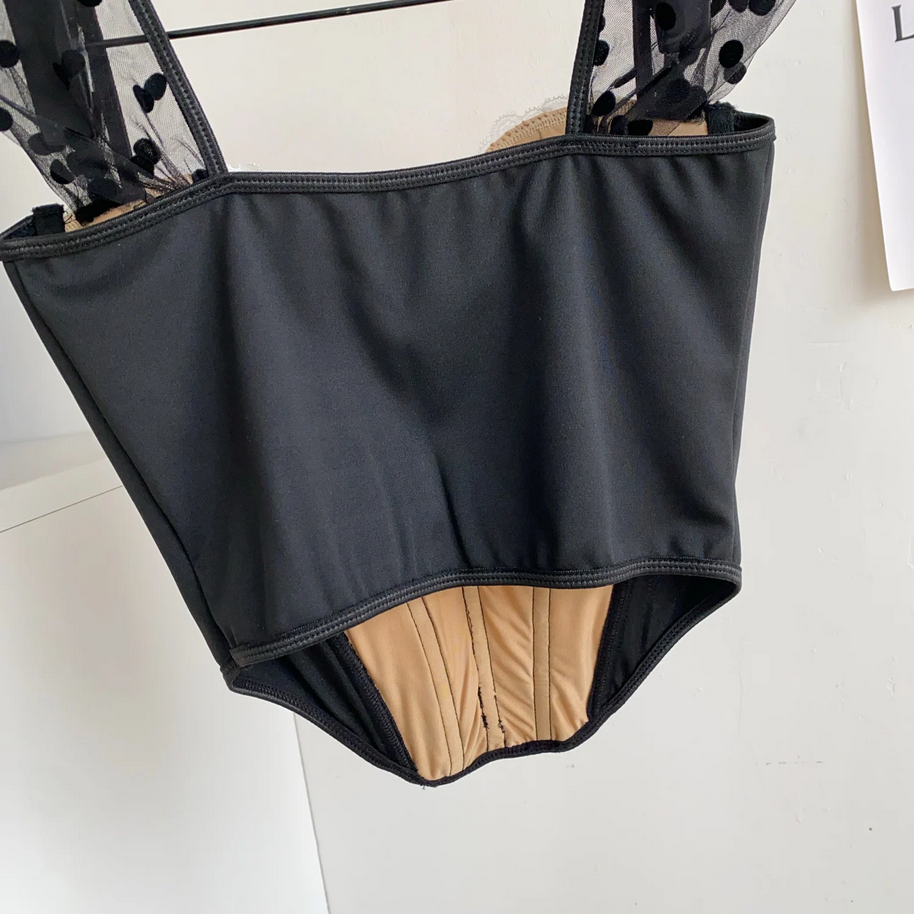 Polka Dot Bustier Cami Sleeveless Mesh Patchwork Lace Sheath Top for Women