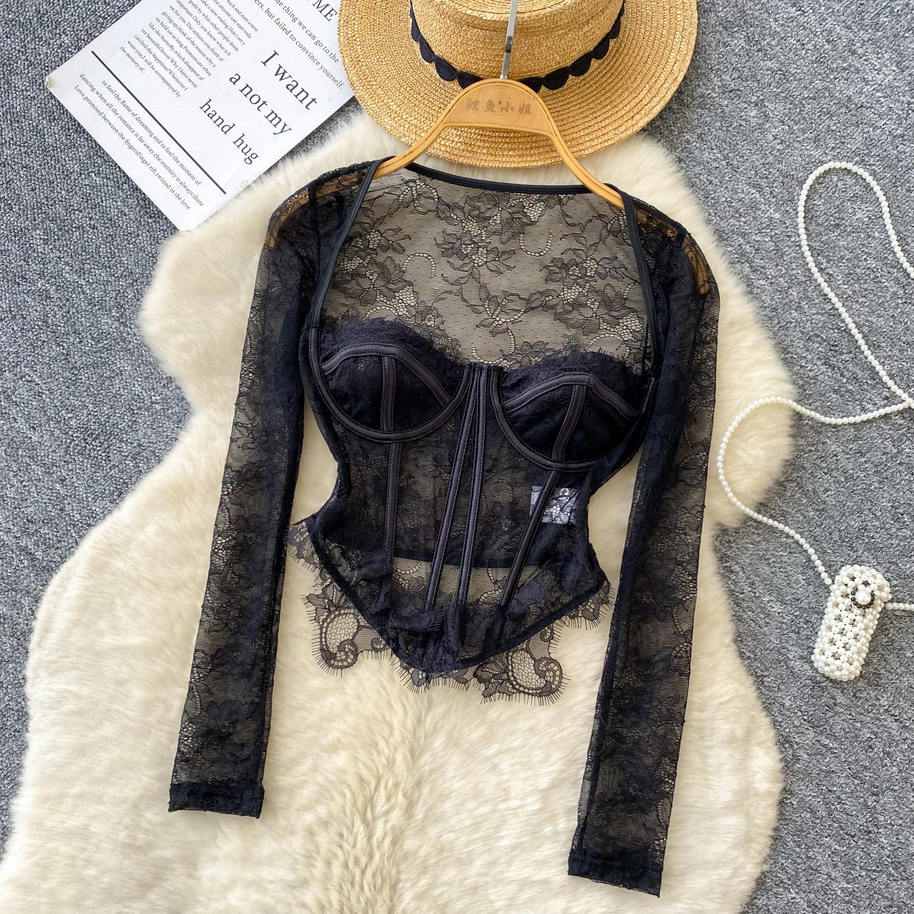Lace Sheer Black Blouse  Sexy Streetwear Corset Top for Women