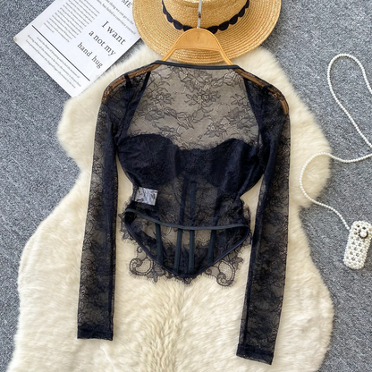 Lace Sheer Black Blouse  Sexy Streetwear Corset Top for Women