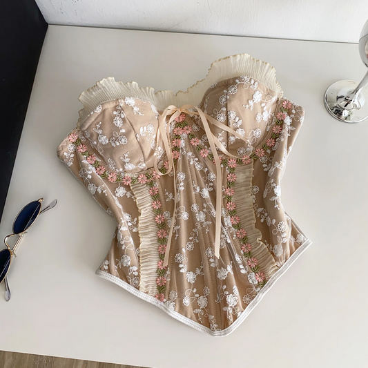 Strapless Embroidery Tank Top Ruffles Corset Bustier for Women