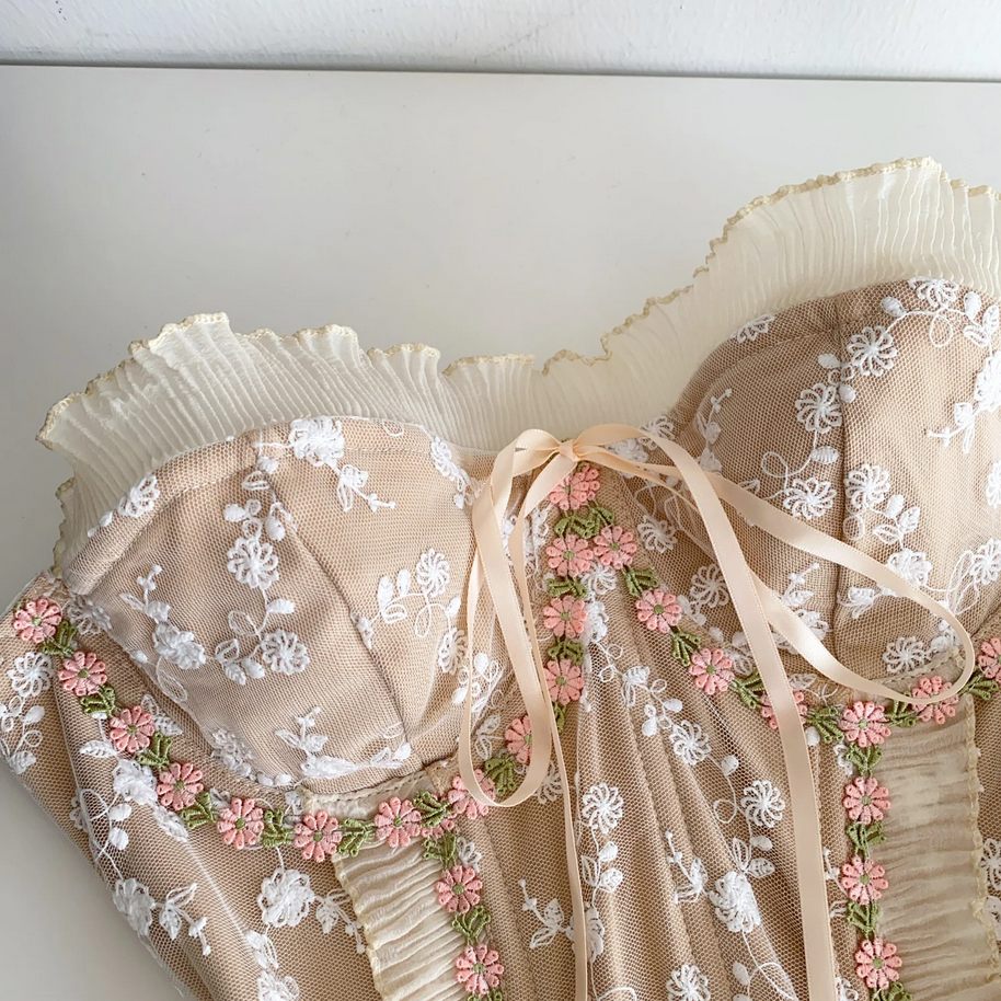 Strapless Embroidery Tank Top Ruffles Corset Bustier for Women