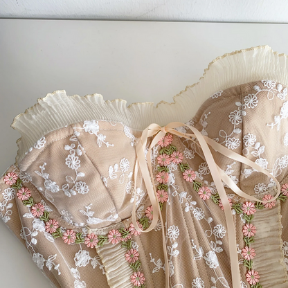 Strapless Embroidery Tank Top Ruffles Corset Bustier for Women