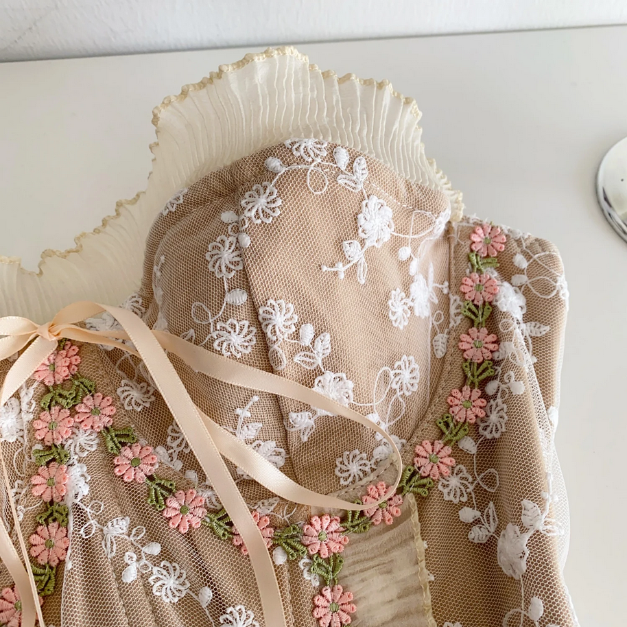 Strapless Embroidery Tank Top Ruffles Corset Bustier for Women