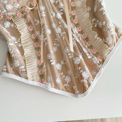 Strapless Embroidery Tank Top Ruffles Corset Bustier for Women