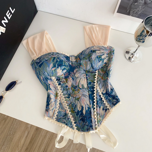 Retro Print Evening Camisole - Lace Spliced Slim Strap Top for Women