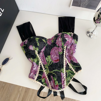 Retro Print Evening Camisole - Lace Spliced Slim Strap Top for Women