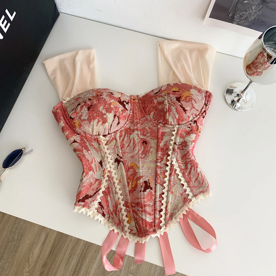 Retro Print Evening Camisole - Lace Spliced Slim Strap Top for Women