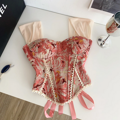 Retro Print Evening Camisole - Lace Spliced Slim Strap Top for Women