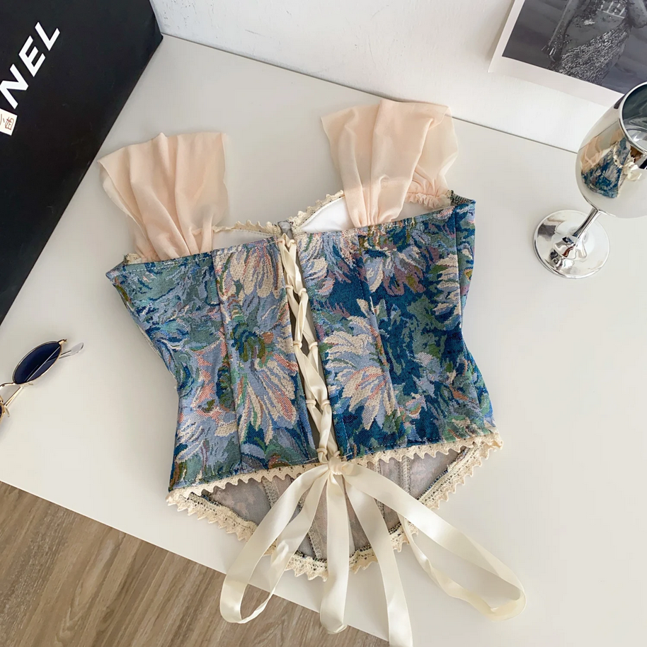 Retro Print Evening Camisole - Lace Spliced Slim Strap Top for Women