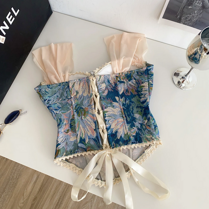 Retro Print Evening Camisole - Lace Spliced Slim Strap Top for Women