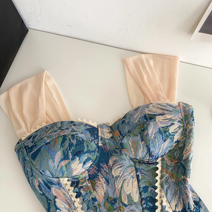 Retro Print Evening Camisole - Lace Spliced Slim Strap Top for Women