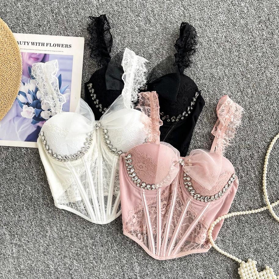 Sexy Corset Sheath Top - Diamonds Mesh Splice Fashion Cami for Women